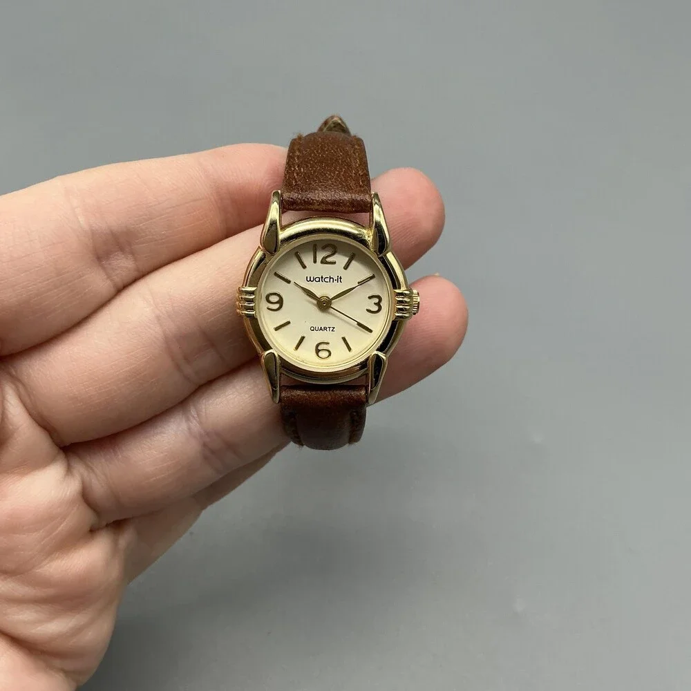Watch-it! Womens Watch 24mm Cream Dial Gold Tone Brown Leather New Battery